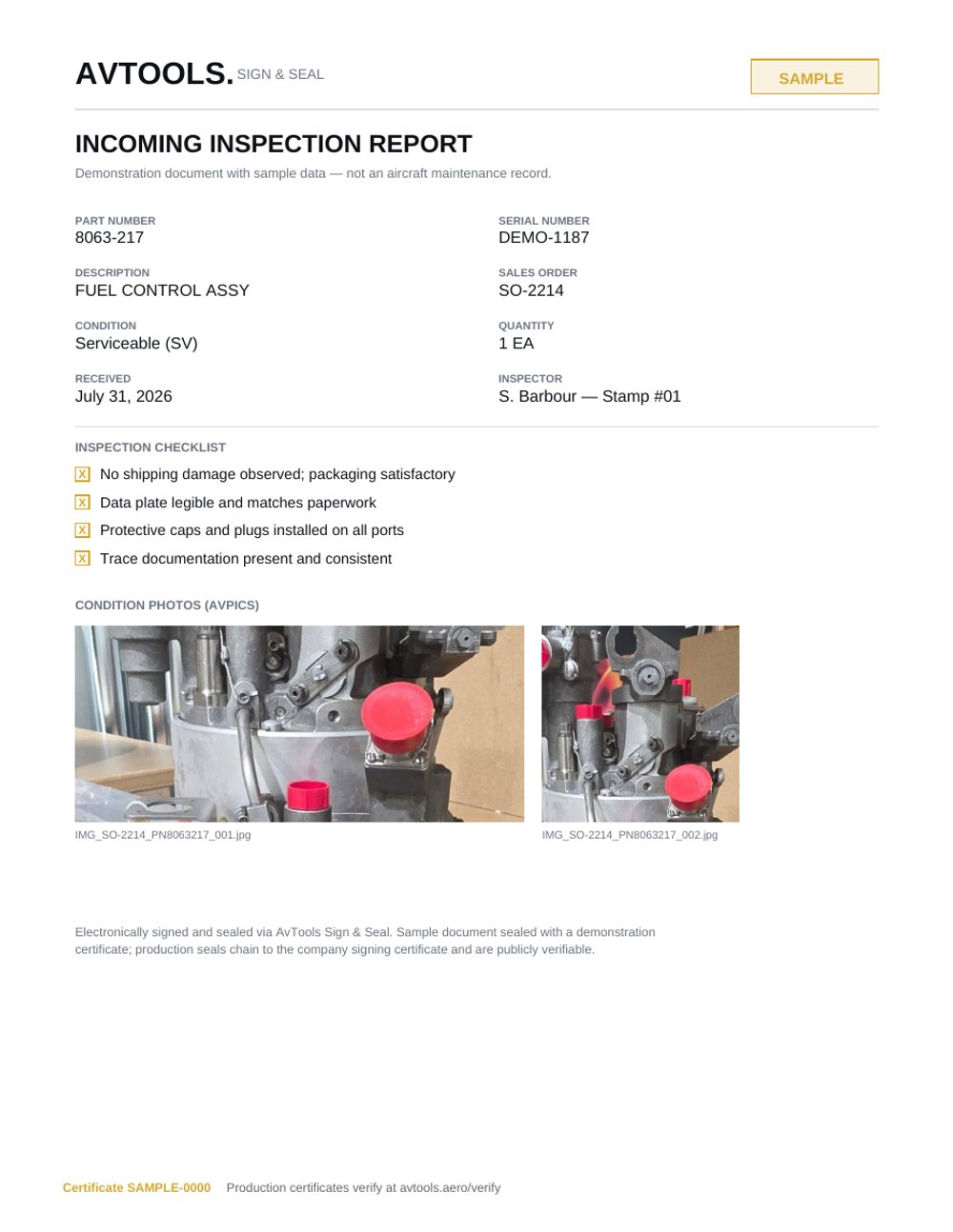 Sample AvTools incoming inspection report with condition photos, sealed with a PAdES signature and a certificate line