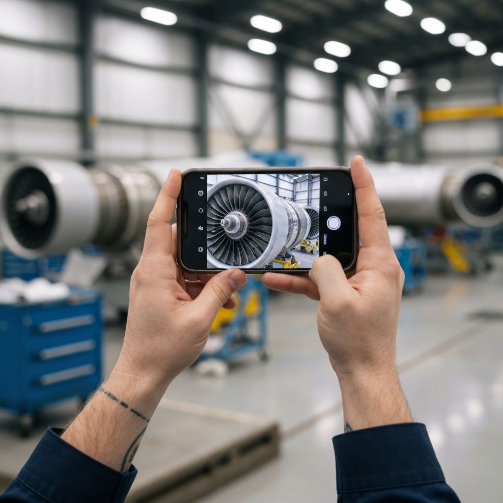 Aviation technician documenting aircraft parts with tablet